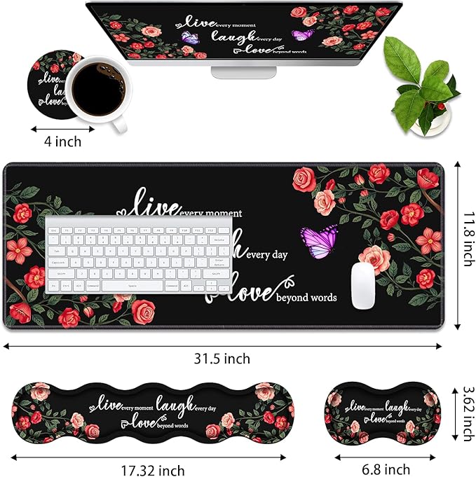 4 in 1 Ergonomic Memory Foam Mouse Pad Wrist Rest Set, Large XXL Gaming Desk Pad + Keyboard Wrist Rest + Mouse Wrist Cushion + Coaster for Home Office Study Gaming, Floral Quotes Live Laugh Love