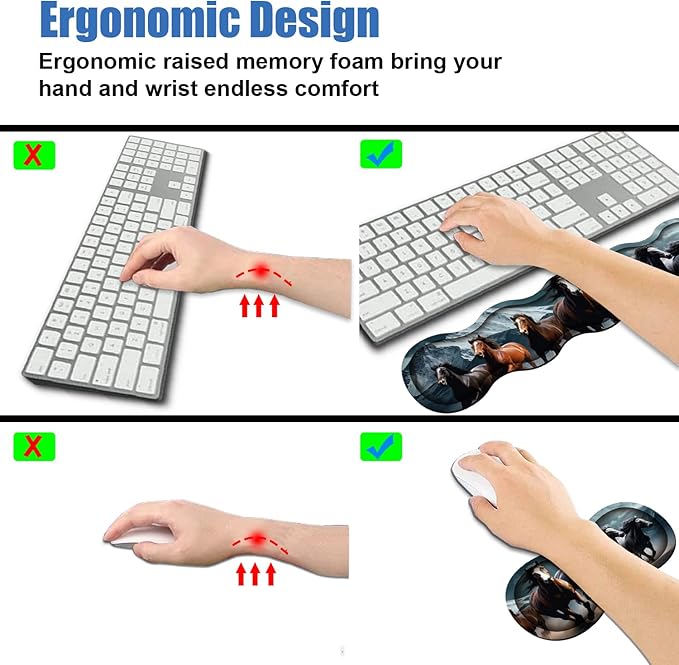 4 in 1 Ergonomic Memory Foam Mouse Pad Wrist Rest Set, Large XXL Gaming Desk Pad + Keyboard Wrist Rest + Mouse Wrist Cushion + Coaster for Home Office Study Gaming, Running Horses