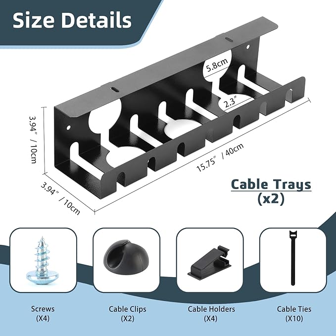 Under Desk Cable Management Tray 2 Pack Black, Home & Office Standing Desk Cord Organizer