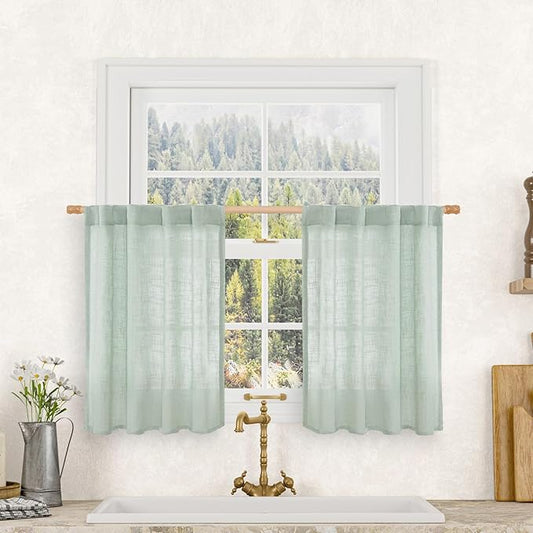LAMIT Short Window Linen Curtains 36 Inch Length 2 Panels, Light Sage Light Filtering Panels Back Tab and Rod Pocket Neutral Drapes for Bathroom/Loft Room, 34 x 36 Inch