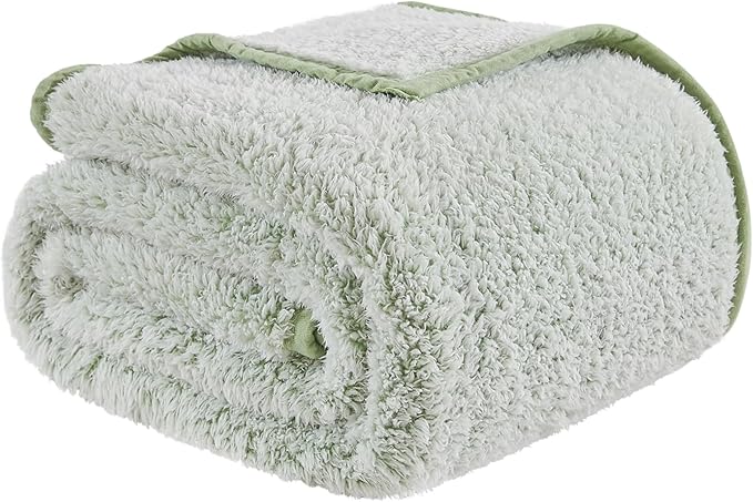 EMME Soft Sherpa Fleece Blanket Reversible Plush Fluffy Large Blanket, Light Weight Warm Decorative Boho Blanket Cover for Sofa, Couch, Bedroom,Travel(Plush Sage,50"x60")