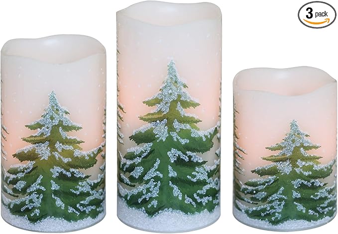 DRomance Christmas Flameless Candles with 6 Hour Timer, 3 Pack Real Wax LED Pillar Candles Warm Light Flickering Holiday Decor(Green Christmas Tree, 3 x 4,5,6 Inches)