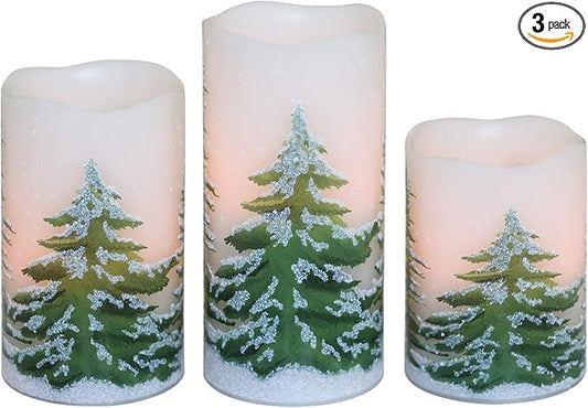 DRomance Christmas Flameless Candles with 6 Hour Timer, 3 Pack Real Wax LED Pillar Candles Warm Light Flickering Holiday Decor(Green Christmas Tree, 3 x 4,5,6 Inches)