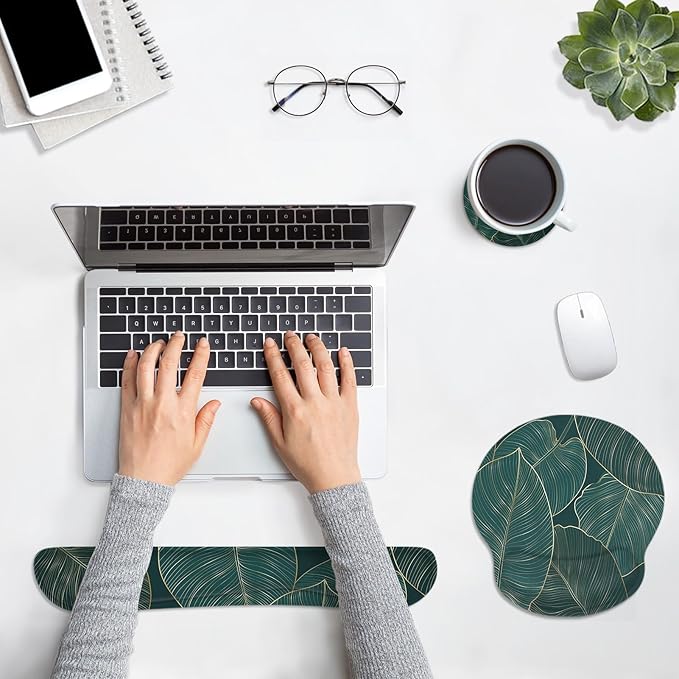 Britimes Ergonomic Mouse Pad Set with Wrist Rest Green Palm Leaves Non-Slip Rubber Base Wrist Cushion Support and Coasters Mousepad with Wrist Support for Computer Keyboard and Desk