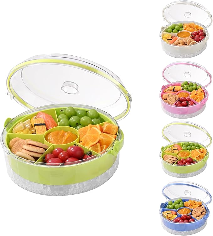 Fruit Ice Divided Serving Tray with Lid and Handle,Chilled Veggie Tray,Shrimp Cocktail Serving Dish,Ideal Cold Chilled Serving Platter for Parties,for Vegetables,Appetizer,Salads,Picnic,Road Travel