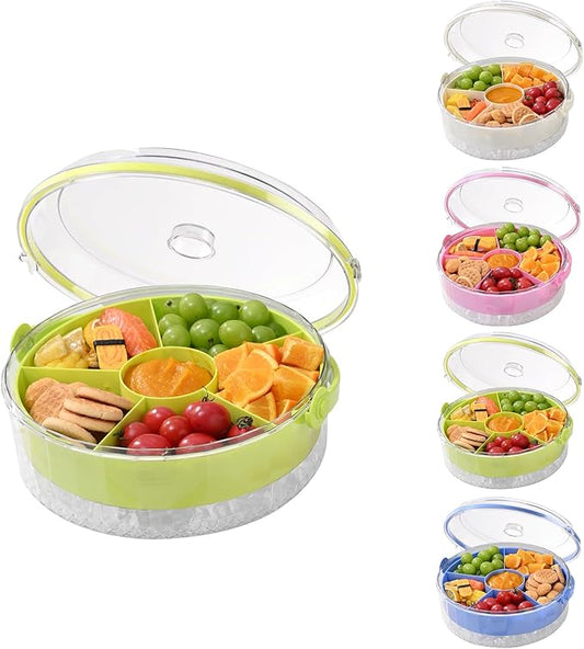Fruit Ice Divided Serving Tray with Lid and Handle,Chilled Veggie Tray,Shrimp Cocktail Serving Dish,Ideal Cold Chilled Serving Platter for Parties,for Vegetables,Appetizer,Salads,Picnic,Road Travel