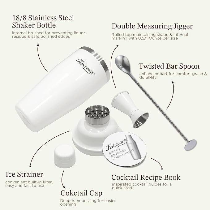 KITESSENSU Cocktail Shaker Set, Stainless Steel Martini Shaker with Bartender Strainer, Measuring Jigger, Bar Mixing Spoon, Cocktail Recipe Included, White
