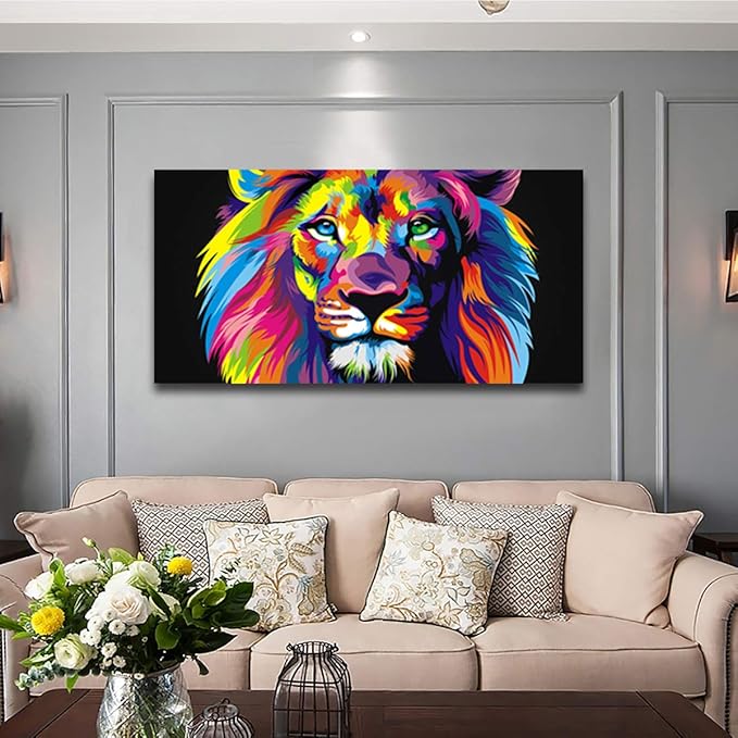 Animal Lion Pictures Wall Decor Art For Bedroom,Colorful Lion Canvas Wall Art Paintings for Living Room,Artwork Stretched and Ready to Hang,Size 20x40inches.