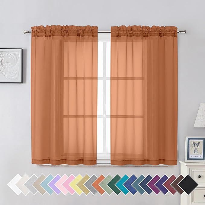 Aiyufeng Orange Sheer Curtains 45 inches Long, Short Kitchen Window Treatment Solid Sheers Cafe Curtains Bathroom Voile Half Window Curtains 2 Panels, Rod Pocket, 42" Wx45 L