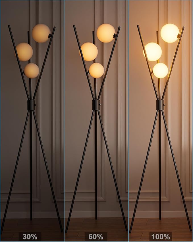 Lightdot 60IN Dimmable Black Tripod Floor Lamp, Mid Century Standing Lamps with 3 Globe Soft Warm White Eye Care 3000K Bulbs Included, Modern Tall Lamp for Living Room Bedroom