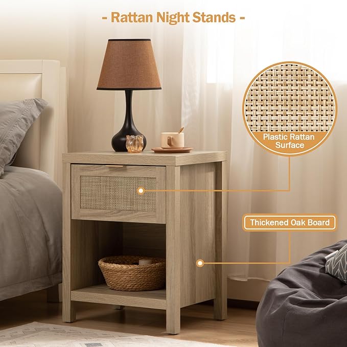 SICOTAS Rattan Night Stands, Farmhouse Nightstand Boho End Side Table Bedside Table with Drawer and Open Shelf for Bedroom, Light Oak