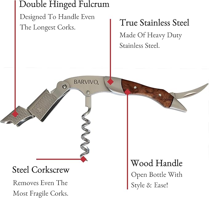 Barvivo Bai Ying Opener with Foil Cutter Knife and Cap Remover, Double Hinged Manual Wine Key for Bartenders, Servers, Waiters, Stainless Steel Wine Bottle Opener Corkscrew