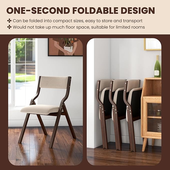 Giantex Folding Dining Chairs Set of 2, No Assembly Required with Linen Padded Seats, Wooden Foldable Kitchen & Party Chairs, Easy to Store for Extra Events