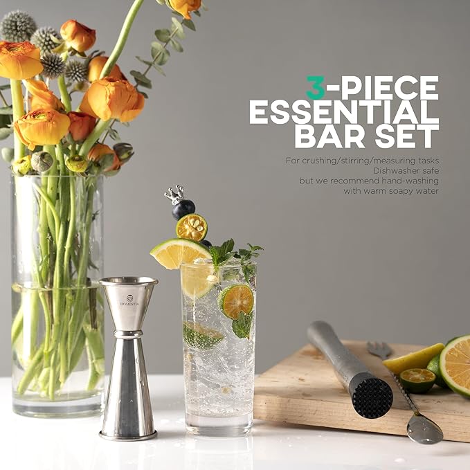 Homestia 3 Pcs Muddler for Cocktails Set, 10'' Muddler, 12'' Cocktail Spoon & 1 OZ/2 OZ Double Jigger Mixing Tool Set, Stainless Steel Silver Bar Tool Set for Beverages Drinks Mixing Home Bar