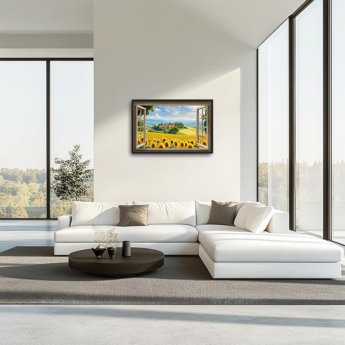 Sunflower Wall Art, Italy Pictures Wall Decor, Window Flower Canvas Prints Painting, Modern Large Framed Artwork For Living Room Office Bedroom Corridor 36"x 24"