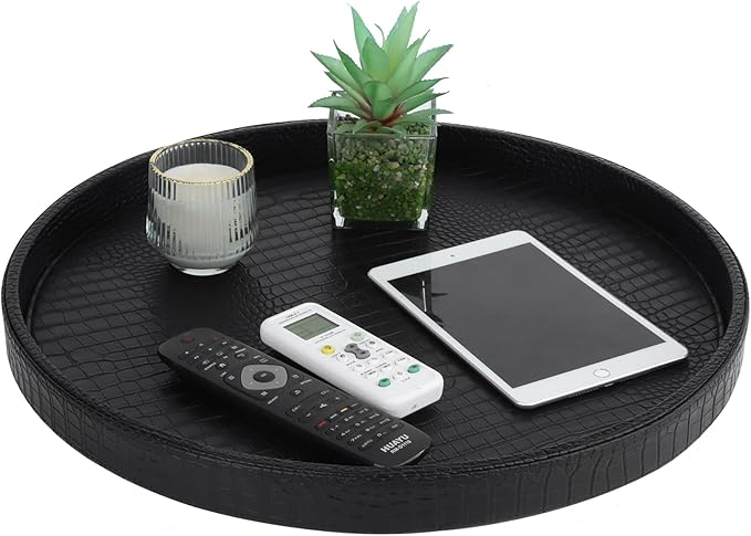 HofferRuffer Round Serving Tray 20'', Elegant Faux Leather Circle Ottoman Table Tray, Serve Tea Coffee Breakfast in Bedroom Living Room Kitchen (Classic Black)