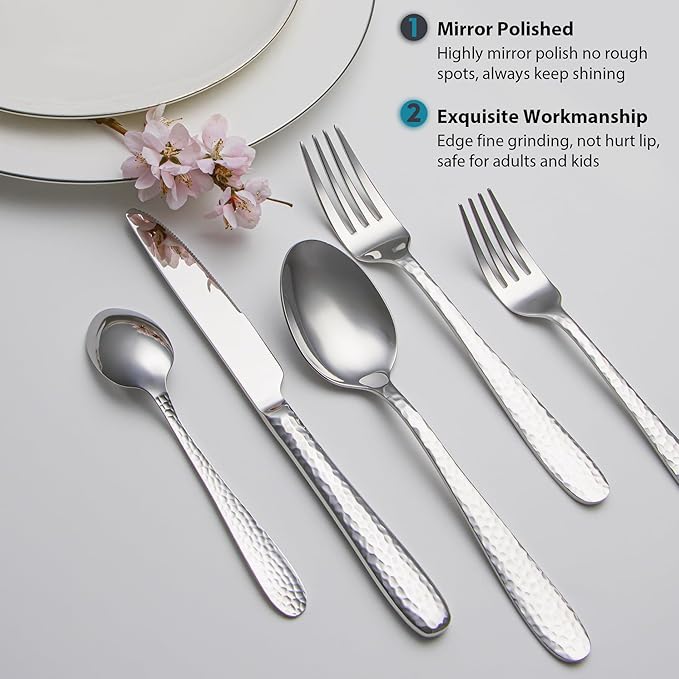 Hammered Silverware Set, EIUBUIE 40-Piece Stainless Steel Flatware Set for 8, Mirror Finish Tableware Kitchen Cutlery Sets, Durable Home Eating Utensils Sets Includes Fork Spoon Knife, Dishwasher Safe