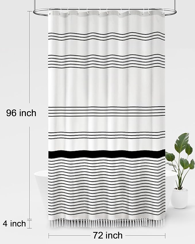 Awellife Black and White Boho Shower Curtain for Bathroom Stripe Tassel Shower Curtain Farmhouse Cotton 96" L x 72" W