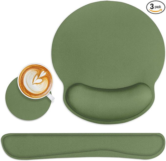Britimes Green Ergonomic Mouse Pad Set with Wrist Rest Non-Slip Rubber Base Wrist Cushion Support and Coasters Mousepad with Wrist Support for Computer Keyboard and Desk