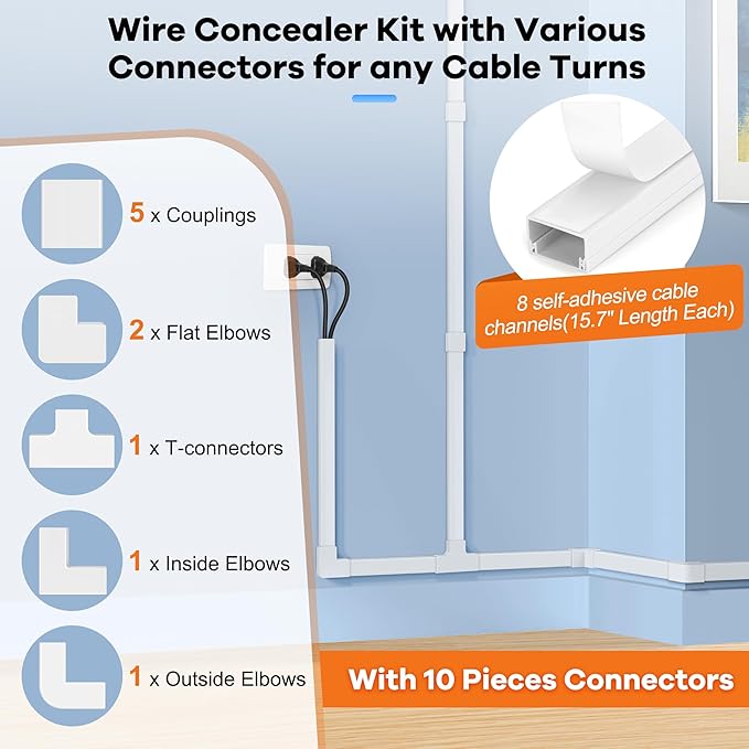 126in Cord Hider Kit, TV Wire Covers for Wall, Paintable Cable Management Kit, Cable Cover for Mounted TV, Hide Wires Along Wall, Brown Cord Cover, 8xL15.7in W0.95in H0.55in
