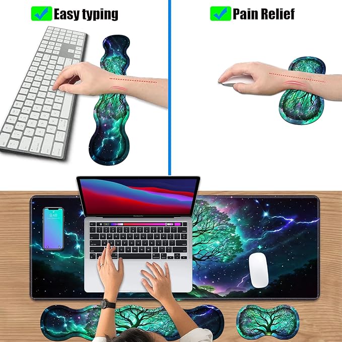 4 in 1 Ergonomic Keyboard Wrist Rest & Mouse Pad Wrist Rest Set, Large XXL Gaming Desk Mat 31.5"x 11.8" with Non-Slip Base, Memory Foam for Home Office Study Gaming, Tree of Life