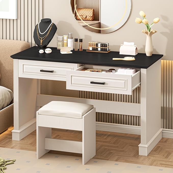 Farmhouse Executive Desk 48 Inch Computer Desk with 2 Drawers Simple Home Office Writing Desk Workstation for Bedroom Study Small Spaces, White and Black