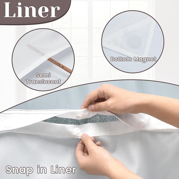 No Hook Slub Textured Shower Curtain with Snap in Liner - Stone Blue Fabric Outer Curtain & Waterproof Inner Liner, Hotel Style with See Through Top Window, 71x74 in