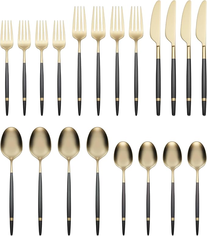 Cambridge 516320CKW12DS Gaze Black/Gold Satin Banded 20-Piece Flatware Set