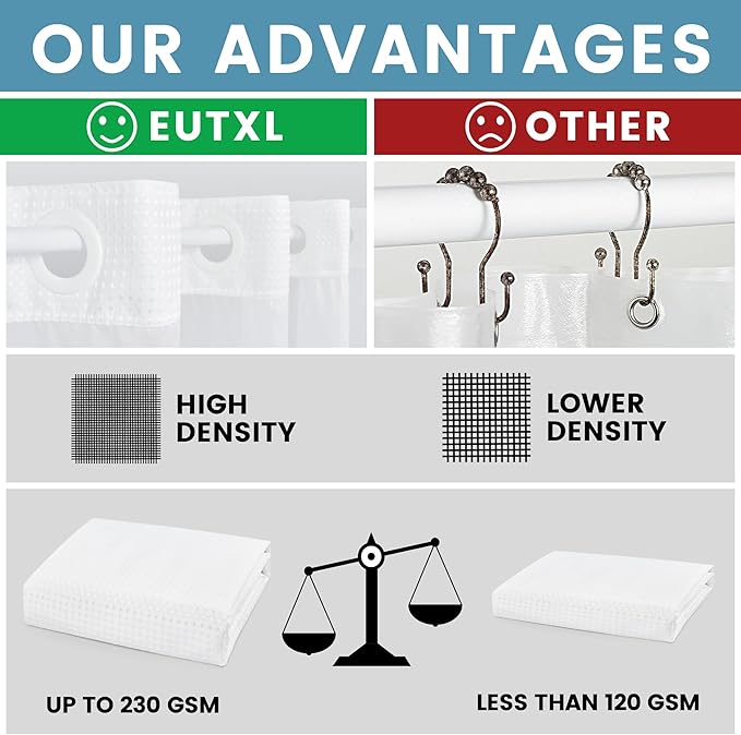 White Long No Hook Shower Curtain with Snap in Liner,230GSM Waffle Weave Shower Curtains for Bathroom,71W x 86H