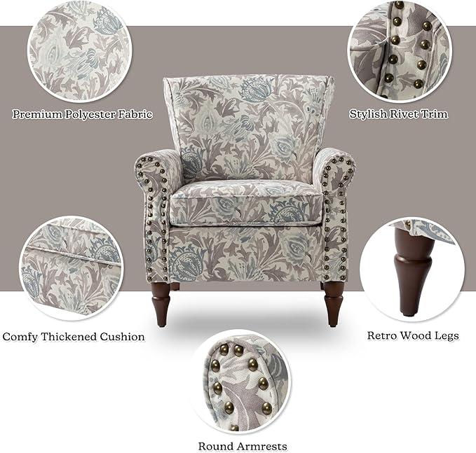HULALA HOME Modern Wingback Accent Chair with Wood Legs & Removable Cushion, Comfy Upholstered Armchair with Nailhead Trim, Floral Pattern Single Sofa Chair for Living Room Bedroom, Grey