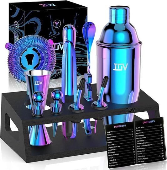 IOV Mixology Bartender Kit with Stand | 12-Piece Cocktail Shaker Set | 24oz Martini Shaker Set for Drink Mixing | Bar Set Includes All Bar Tools and Recipe Booklet | Fun Housewarming Gift (Rainbow)