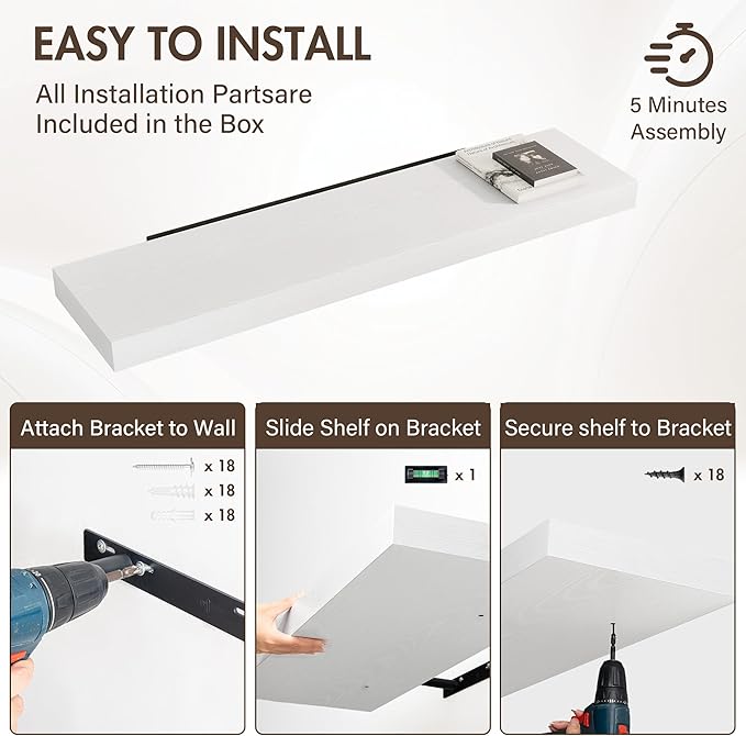 48 Inch Floating Shelves, 12" Deep Floating Shelf Wall Mounted, 48" Wall Shelves, Rustic Deep Bookshelf, Extra Deeper & Thicker Display Shelves for Bedroom, Living Room, White, Set of 2