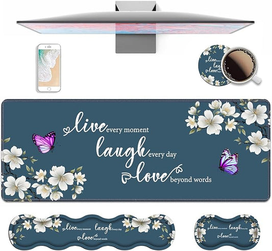4 in 1 Ergonomic Keyboard Wrist Rest & Mouse Pad Wrist Rest Set, Large XXL Gaming Desk Mat 31.5"x 11.8" with Non-Slip Base, Memory Foam for Home Office Study Gaming, Floral Quote Live Laugh Love