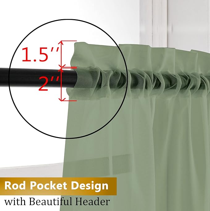 Aiyufeng Sage Green Sheer Curtains, 36 Inch Long, 2 Panels - Kitchen & Bathroom Cafe Curtains, Rod Pocket, 40" W x 36" L