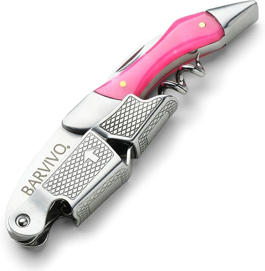 Barvivo Wine Opener with Foil Cutter and Cap Remover - Double Hinged Corkscrew for Bartenders - Stainless Steel Wine Key for Easy Bottle Opening - Manual Wine Bottle Opener - Pink Resin, 4.7x1.2-Inch