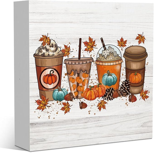 Cute Fall Coffee Thanksgiving Halloween Pumpkin Nut Office Bedroom Dining Room Decor Wooden Box Block Plaque Wood Products Sign for Desk Table Tabletop Decor 5 x 5 inches Tub1606