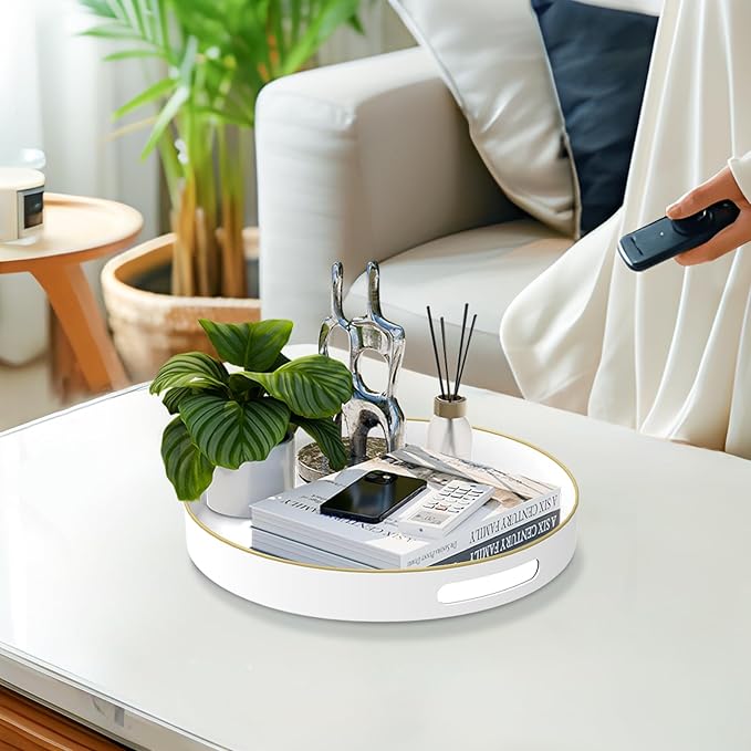 MAONAME White Decorative Tray for Coffee Table, Modern Round Serving Tray with Handles, 13" Plastic Tea Trays for Ottoman, Bathroom Decor