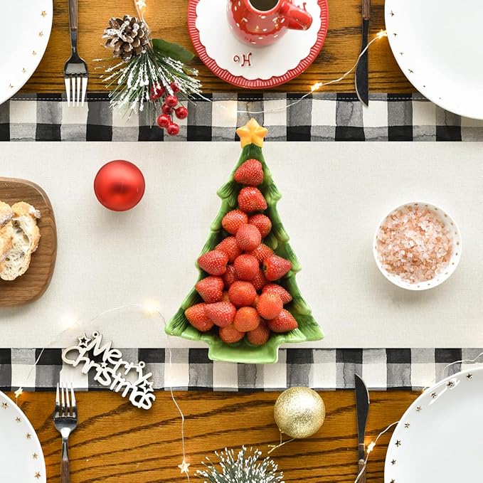 Artoid Mode Waterclor Buffalo Plaid Christmas Trees Merry Xmas Table Runner, Seasonal Winter Holiday Kitchen Dining Table Decoration for Indoor Outdoor Home Party Decor 13 x 120 Inch