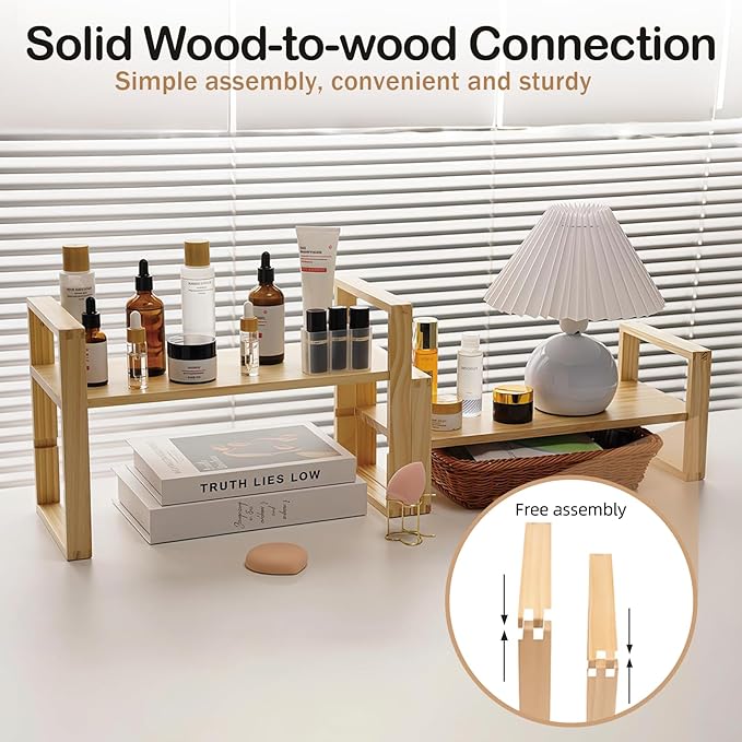 Upgraded Desktop & Off-Surface Shelves, No Tools Assembly Interlocking Joints for Enhanced Stability, Solid Pine Wood, 130lb Load Capacity for Office, Books, Bathroom Storage