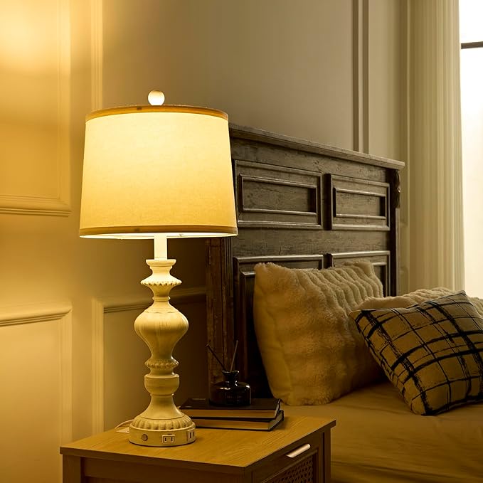 27.5" Farmhouse Table Lamps Set of 2 Bedside Nightstand Lamp with USB C+A Ports & AC Outlet, 3 Way Dimmable Touch Lamps for Bedroom Living Room Office Rustic Lamp (White Gold)