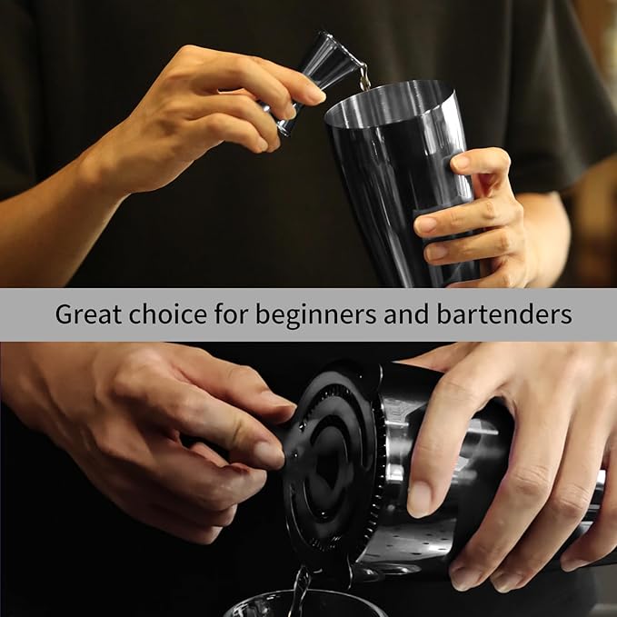 Boston Cocktail Shaker Bar Set, Weighted Boston Shaker Tins, Bartender Kit with 18oz & 28oz Mixed Drink Shaker, Hawthorne Strainer, Double Measuring Jigger - Black