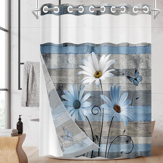 No Hook Blue Daisy and Butterfly Shower Curtain with Snap in Fabric Liner Set, Rustic Farmhouse Double Layers Waterproof Fabric with See Through Top Window Open Grommet Bath Curtain 54x80 Inch