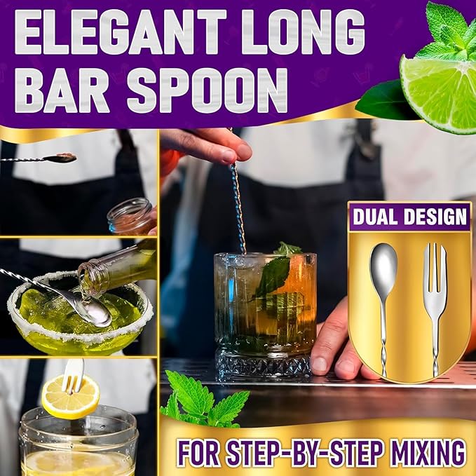 Homestia 3Pcs Black Muddler & Mixing Tools Set, 10'' Muddler, 12'' Cocktail Spoon and Double Jigger, Bar Tool Set for Beverages, Bar Accessories Tools for Mojitos Fruit Drinks (Black)