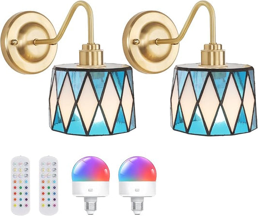 Vintage Battery Operated Wall Sconce Set of 2, 5000mAh Rechargeable Wall Lamp 12 RGB Colors Dimmable, Gold Lights Fixture for Bedroom Bathroom Living Room Hallway Blue Checker