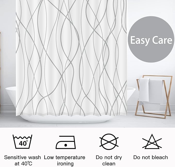 Punkray Polyester Shower Curtain Grey and White Striped for Bathroom with Hooks, Extra Long 84 Inches, Weighted Hem, Waterproof Bath Accessories Hotel Style - Machine Washable