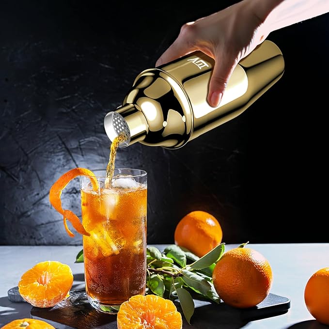 IOV Cocktail Shaker, 24 oz Martini Shaker, Drink Mixer with Built-in Strainer, Professional Stainless Steel Margarita Alcohol Shaker with Cocktail Recipe Guide, Bartender Kit Gifts, Gold