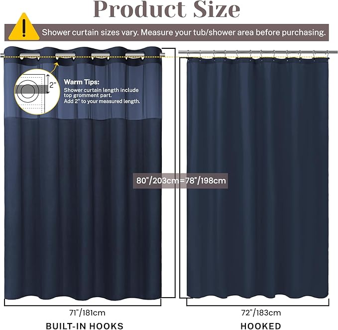 No Hook Slub Textured Shower Curtain with Snap in Liner - Navy Fabric Outer Curtain & Waterproof Inner Liner, Hotel Style with See Through Top Window, 71x80 in