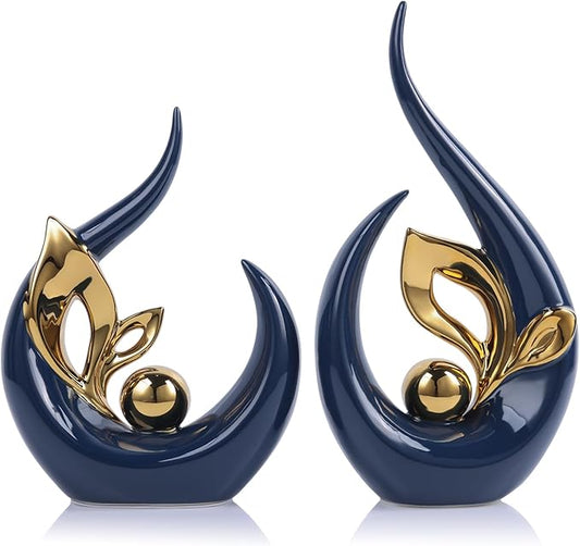 13" H Blue Gold Abstract Sculptures Home Decor, Ceramic Art Statue Cool Stuff to Put on Shelves&tv Stand Decor, Gold Accent Entertainment Center, for Fireplace Coffee Table Dining Table Decorate