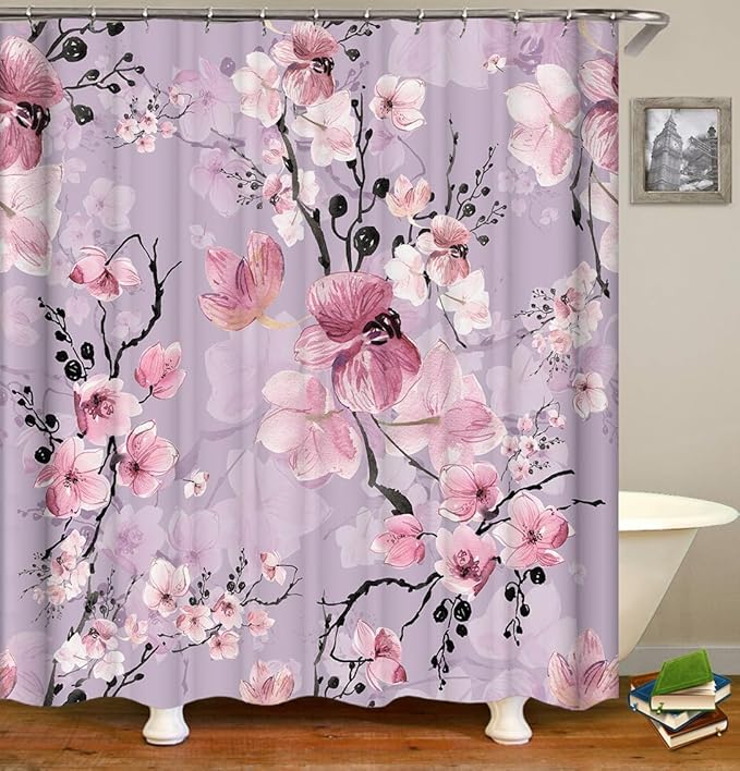 Domoku Pink Cherry Blossom Shower Curtain, Japanese Watercolor Flower Decoration Set, Easy Care Waterproof Machine Washed Durable Polyester Fabric, 72" x72"