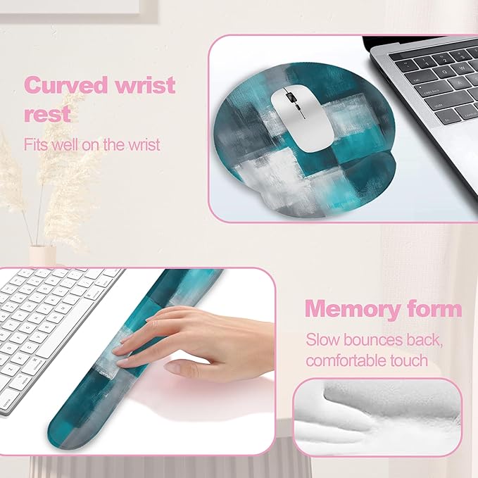 Turquoise and Grey Abstract Art Painting Mouse Pad with Wrist Rest and Keyboard Wrist Rest Set,Non-Slip Rubber Base Memory Foam Mouse Pad Set for Women, Office Desk Accessories, Gaming